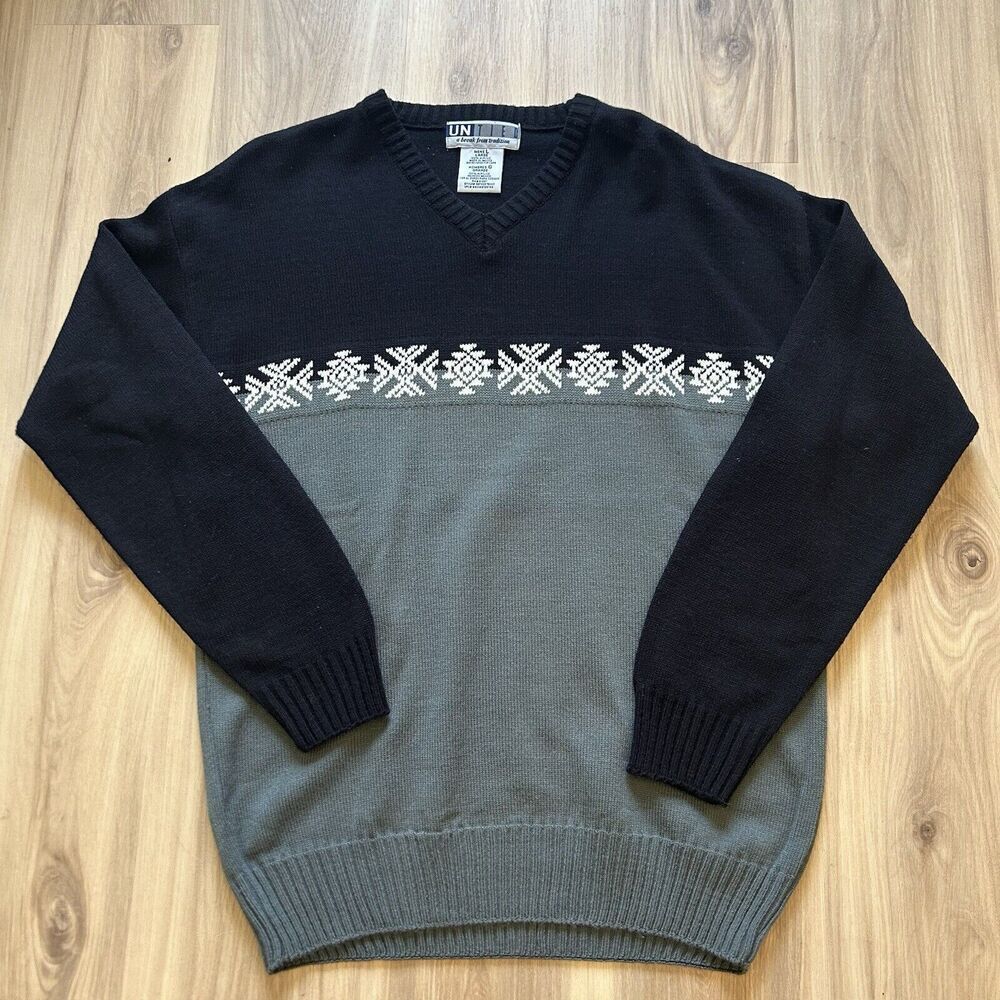 Vintage Untied Brand 100% Acrylic Sweater Holiday Ugly Grandpa Size L Black Gray